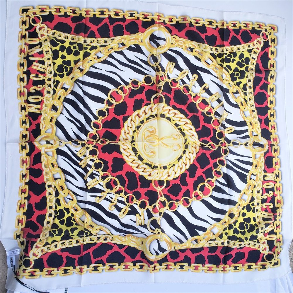 NWT Moschino 100% Silk gold chain and animal print designed large square scarf